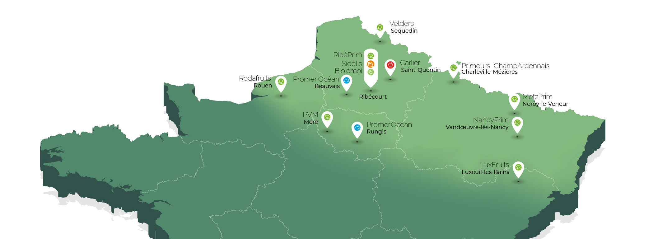 Carte des sites du Réseau Ribé, logistique de fruits et légumes